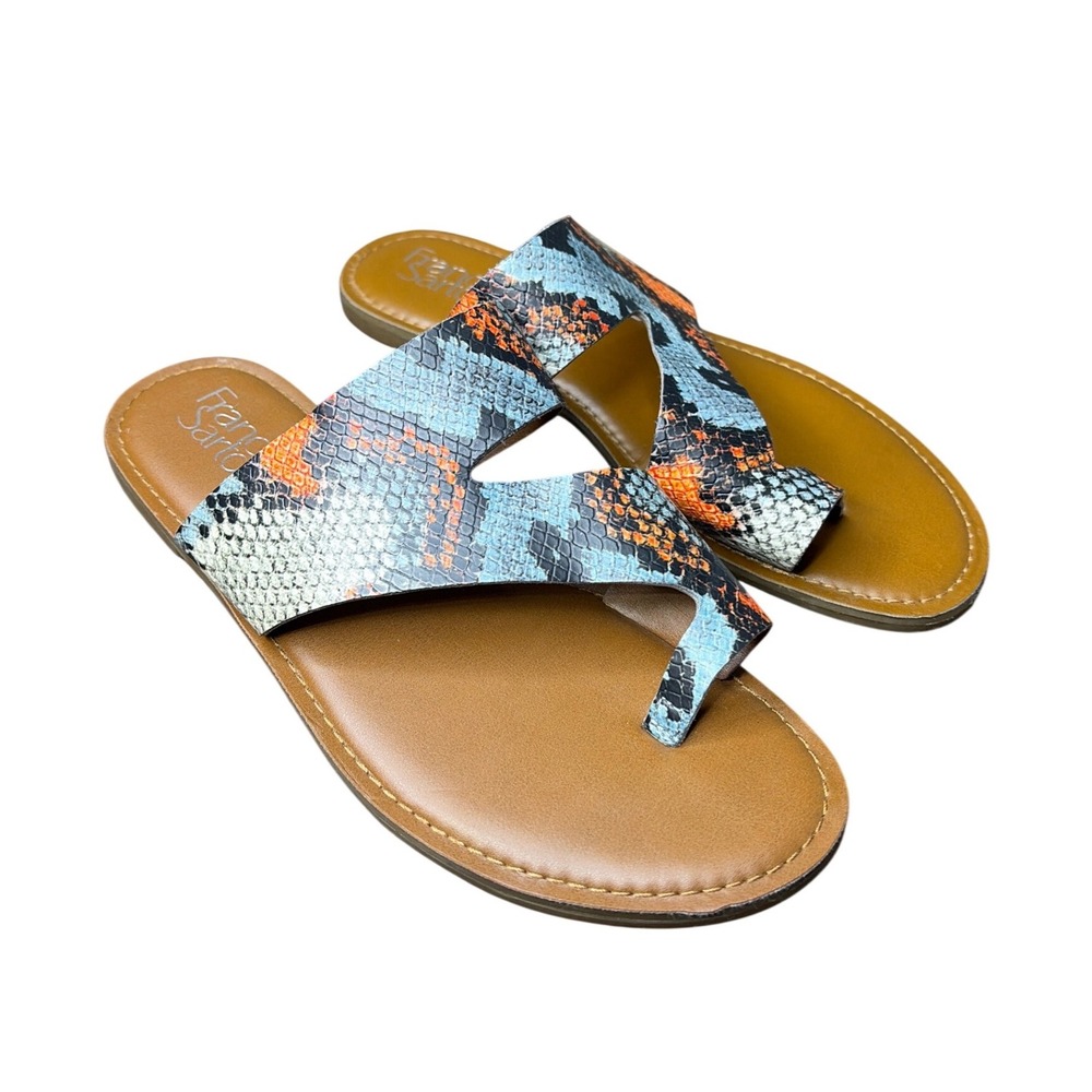 Franco Sarto Juniper2 Blue Orange Snakeskin Print Toe‎ Loop Slide Sandals 7.5